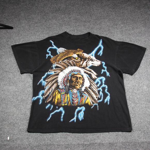 Vintage American Thunder T Shirt Mens XL Black Native Wolf Eagle Lightning - Picture 1 of 6